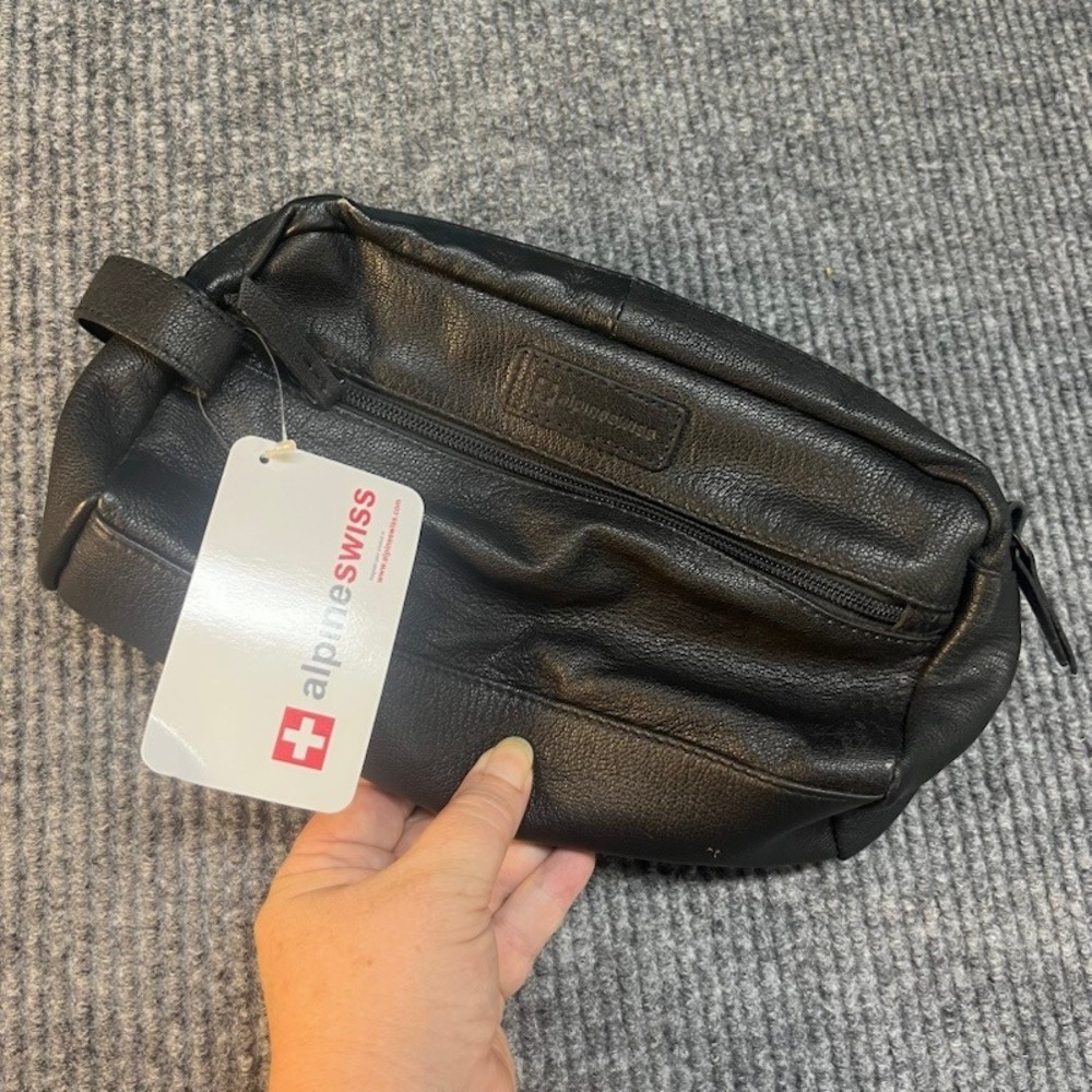 Alpine Swiss Mens Leather Toiletry Bag Dopp Kit Travel Case Cosmetic Bag Black